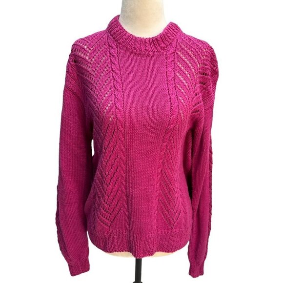 𝅺handmade Hand Knit Fucshia Pink Crew Neck Sweater Size L - Picture 1 of 9